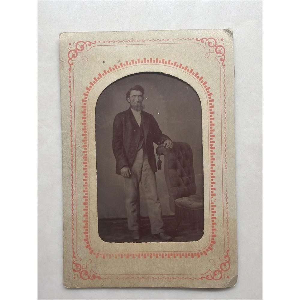 Antique c1870 Tintype Photo Bearded Gentleman Full Length Victorian Portrait